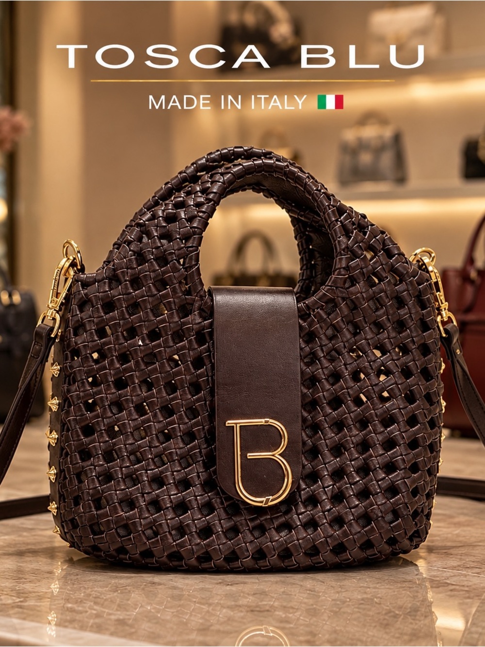 🇮🇹TOSCA BLU Dark Brown Woven Leather Shoulder Bag with Gold Hardware Summer